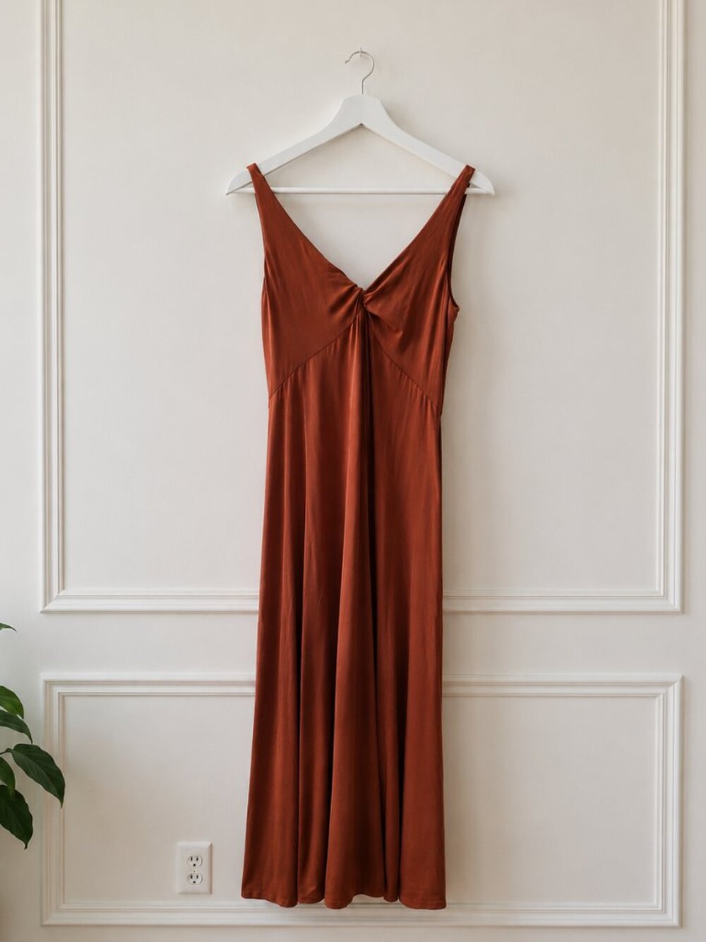 MANGO Rust Twist Front Midi Dress | Size S, US 4 | Soft Stretch Knit